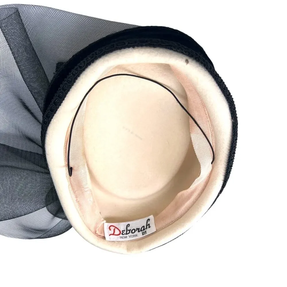 Vintage 40's fascinator hat pill box sheer bow cream black rhinestone Old Money - Picture 2 of 9